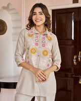 Cream Imported Co-ord Set Shirt & Pant with Hand-Embroidered Work