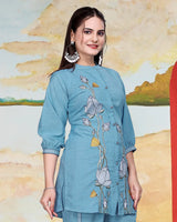 Sky Blue Imported Co-ord Set Shirt & Pant With Embroidered Work