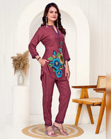 Maroon Imported Co-ord Set Shirt & Pant with Hand Bits Work