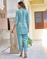 Sky Blue Imported Co-ord Set Shirt & Pant with Hand-Embroidered Work