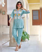 Sky Blue Imported Co-ord Set Shirt & Pant with Hand-Embroidered Work