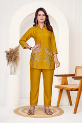 Yellow Imported Co-ord Set Shirt & Pant with Hand & Embroidered Work