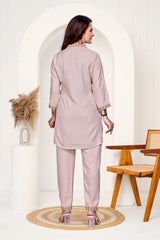 Cream Beige Work Bits Co-ord Set Shirt & Pant with Hand-Embroidered Work