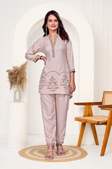 Cream Beige Work Bits Co-ord Set Shirt & Pant with Hand-Embroidered Work