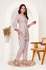 Cream Beige Work Bits Co-ord Set Shirt & Pant with Hand-Embroidered Work