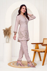 Cream Beige Work Bits Co-ord Set Shirt & Pant with Hand-Embroidered Work