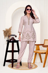 Cream Beige Work Bits Co-ord Set Shirt & Pant with Hand-Embroidered Work