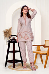 Cream Rust Work Bits Co-ord Set Shirt & Pant with Hand-Embroidered Work