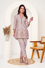 Cream Rust Work Bits Co-ord Set Shirt & Pant with Hand-Embroidered Work