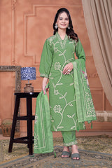 Green Floral Embroidery Salwar Suit Set With Matching Dupatta