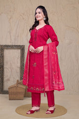 Pink Chikankari Kantha Work Kurta With Pant & Duppta