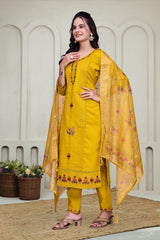 Yellow Chikankari Kantha Work Kurta With Pant & Duppta
