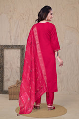 Pink Chikankari Kantha Work Kurta With Pant & Duppta