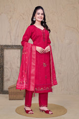 Pink Chikankari Kantha Work Kurta With Pant & Duppta