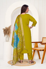 Floral Embroidered Kurta and Trouser Set in Olive Green with Contrast Dupatta