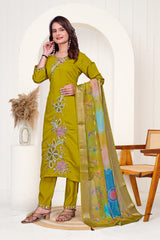 Floral Embroidered Kurta and Trouser Set in Olive Green with Contrast Dupatta