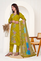 Floral Embroidered Kurta and Trouser Set in Olive Green with Contrast Dupatta