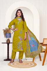 Floral Embroidered Kurta and Trouser Set in Olive Green with Contrast Dupatta