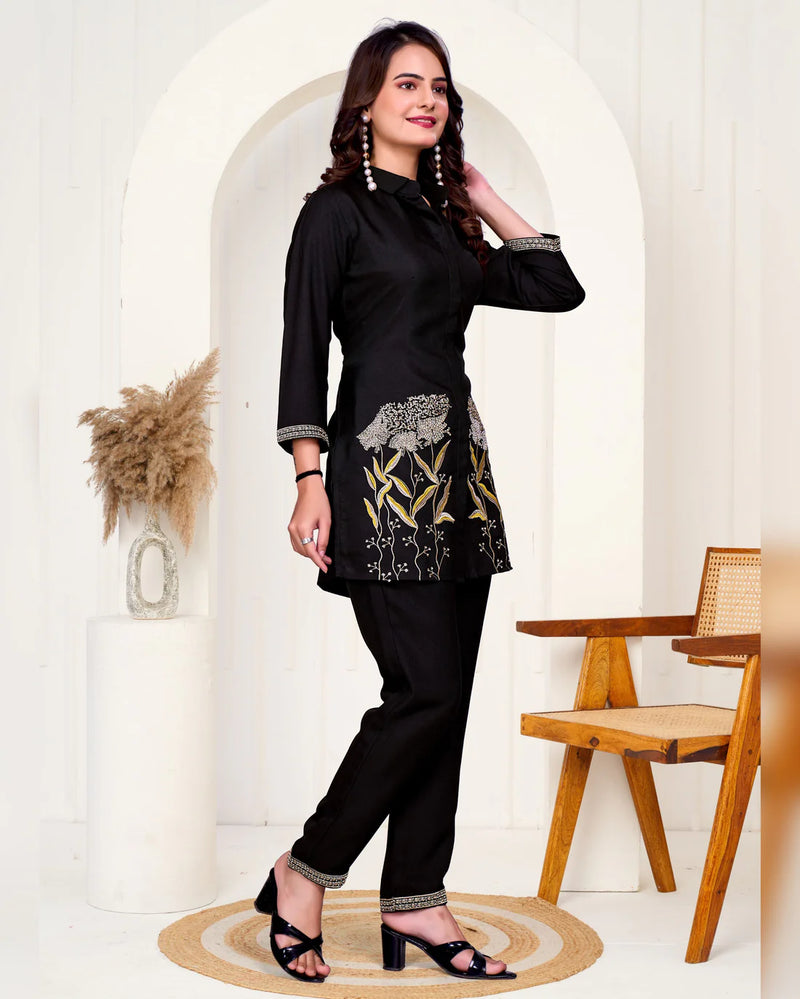 Black Imported Co-ord Set Shirt & Pant with Hand & Embroidered Work