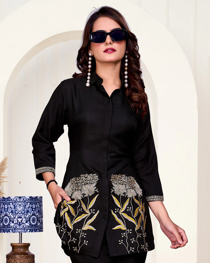 Black Imported Co-ord Set Shirt & Pant with Hand & Embroidered Work