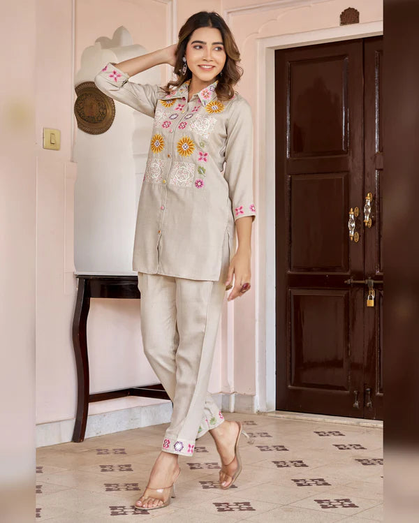 Cream Imported Co-ord Set Shirt & Pant with Hand-Embroidered Work