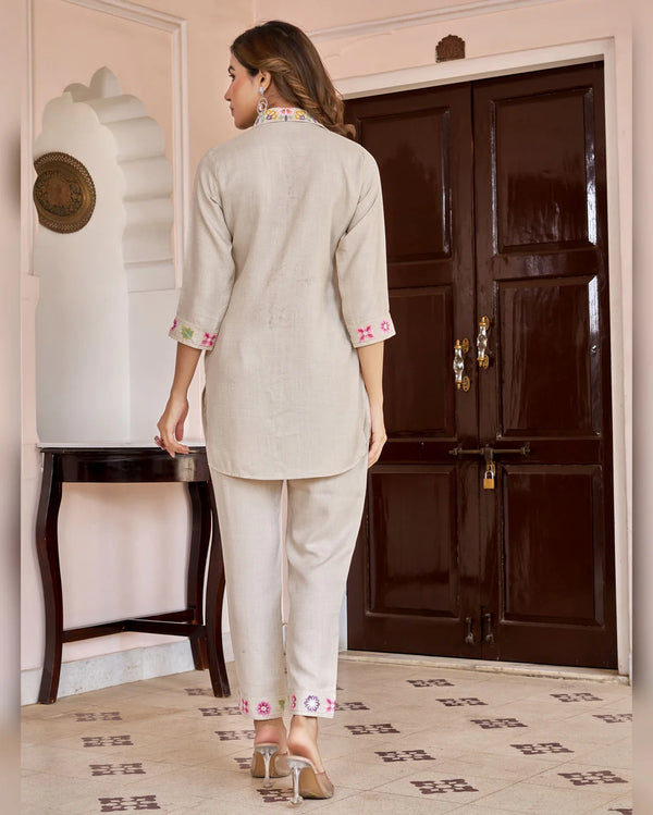 Cream Imported Co-ord Set Shirt & Pant with Hand-Embroidered Work