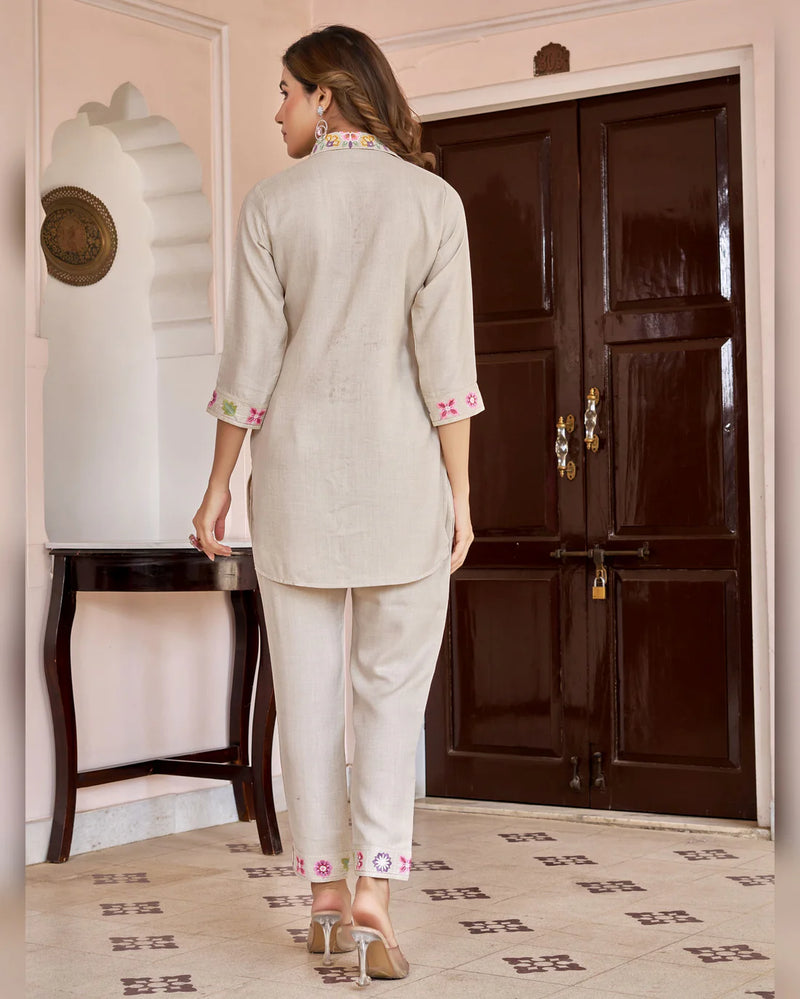 Cream Imported Co-ord Set Shirt & Pant with Hand-Embroidered Work