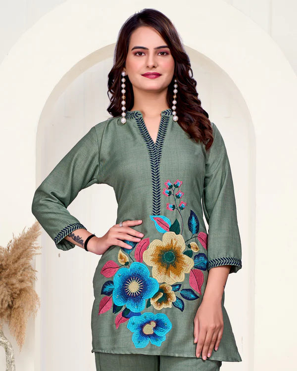 Green Imported Co-ord Set Shirt & Pant with Hand Bits Work