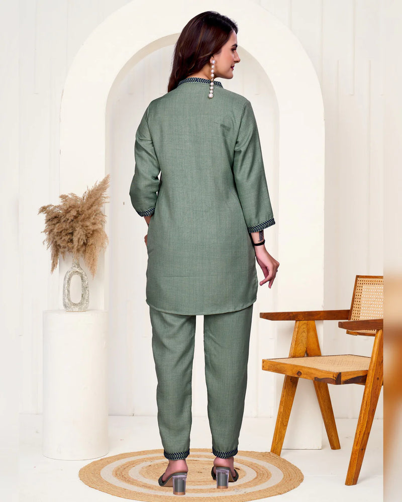 Green Imported Co-ord Set Shirt & Pant with Hand Bits Work