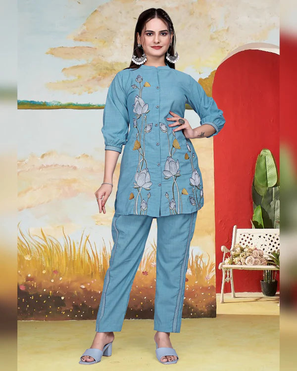 Sky Blue Imported Co-ord Set Shirt & Pant With Embroidered Work