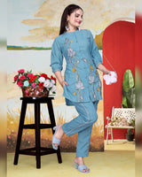 Sky Blue Imported Co-ord Set Shirt & Pant With Embroidered Work