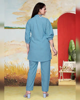 Sky Blue Imported Co-ord Set Shirt & Pant With Embroidered Work