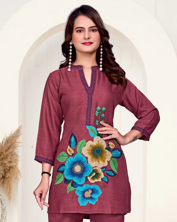 Maroon Imported Co-ord Set Shirt & Pant with Hand Bits Work