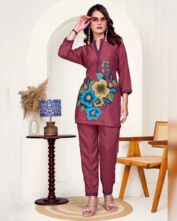 Maroon Imported Co-ord Set Shirt & Pant with Hand Bits Work