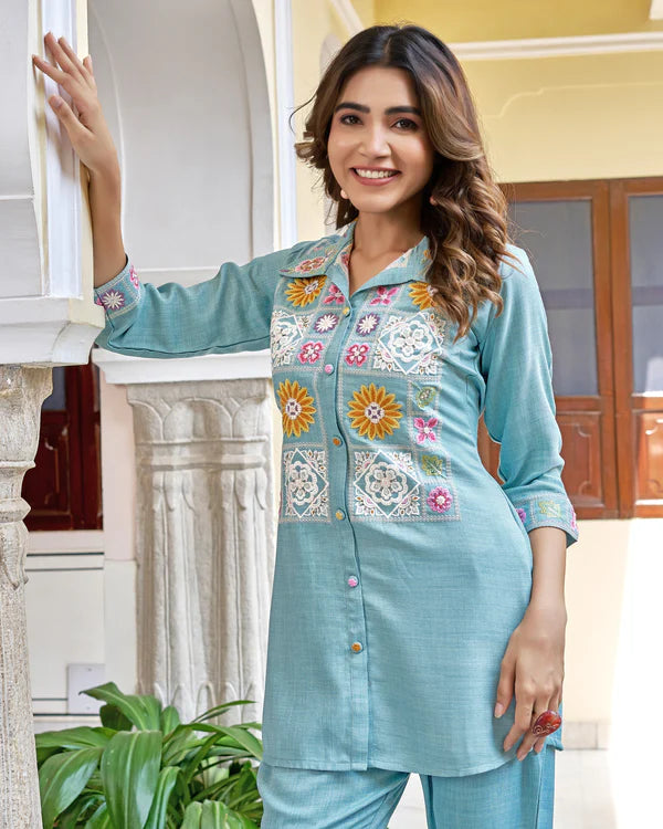 Sky Blue Imported Co-ord Set Shirt & Pant with Hand-Embroidered Work