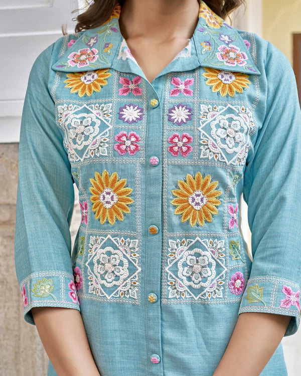 Sky Blue Imported Co-ord Set Shirt & Pant with Hand-Embroidered Work