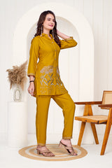 Yellow  Imported Co-ord Set Shirt & Pant with Hand & Embroidered Work