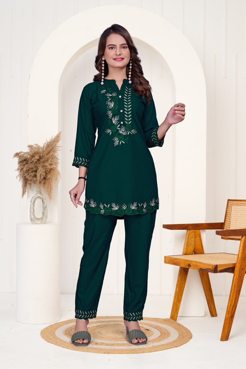 Green Imported Cottan Co-ord Set Shirt & Pant with Work