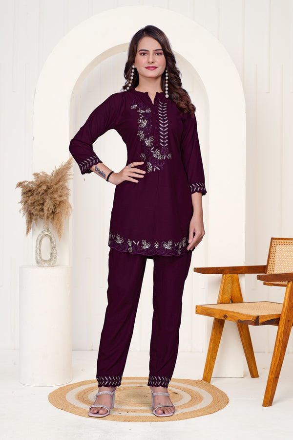 Maroon Imported Cottan Flex Co-ord Set Shirt & Pant with Work
