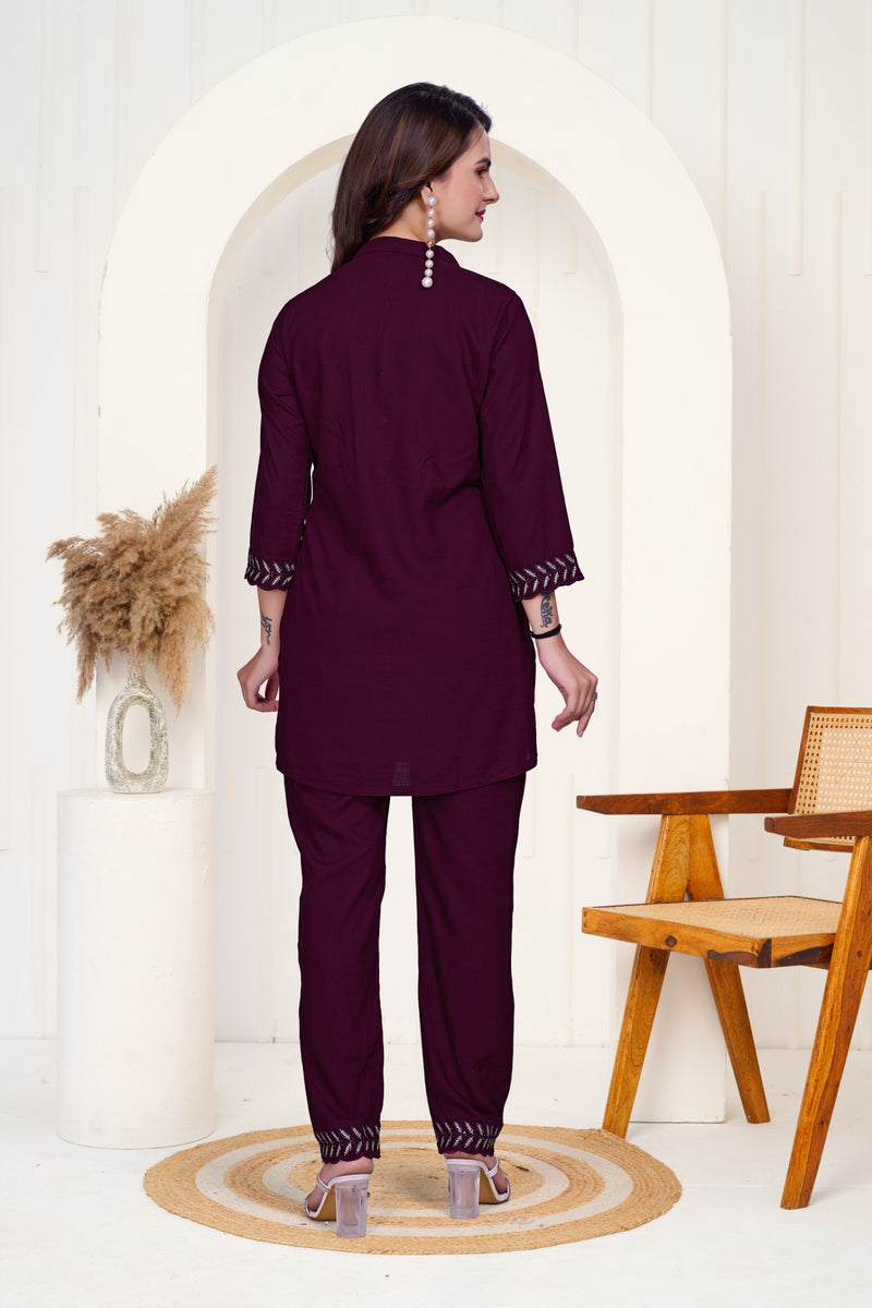 Maroon Imported Cottan Flex Co-ord Set Shirt & Pant with Work