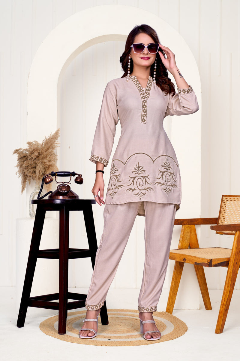Cream Beige Work Bits Co-ord Set Shirt & Pant with Hand-Embroidered Work