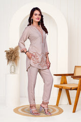 Cream Rust Work Bits Co-ord Set Shirt & Pant with Hand-Embroidered Work