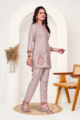 Cream Rust Work Bits Co-ord Set Shirt & Pant with Hand-Embroidered Work