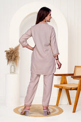 Cream Rust Work Bits Co-ord Set Shirt & Pant with Hand-Embroidered Work