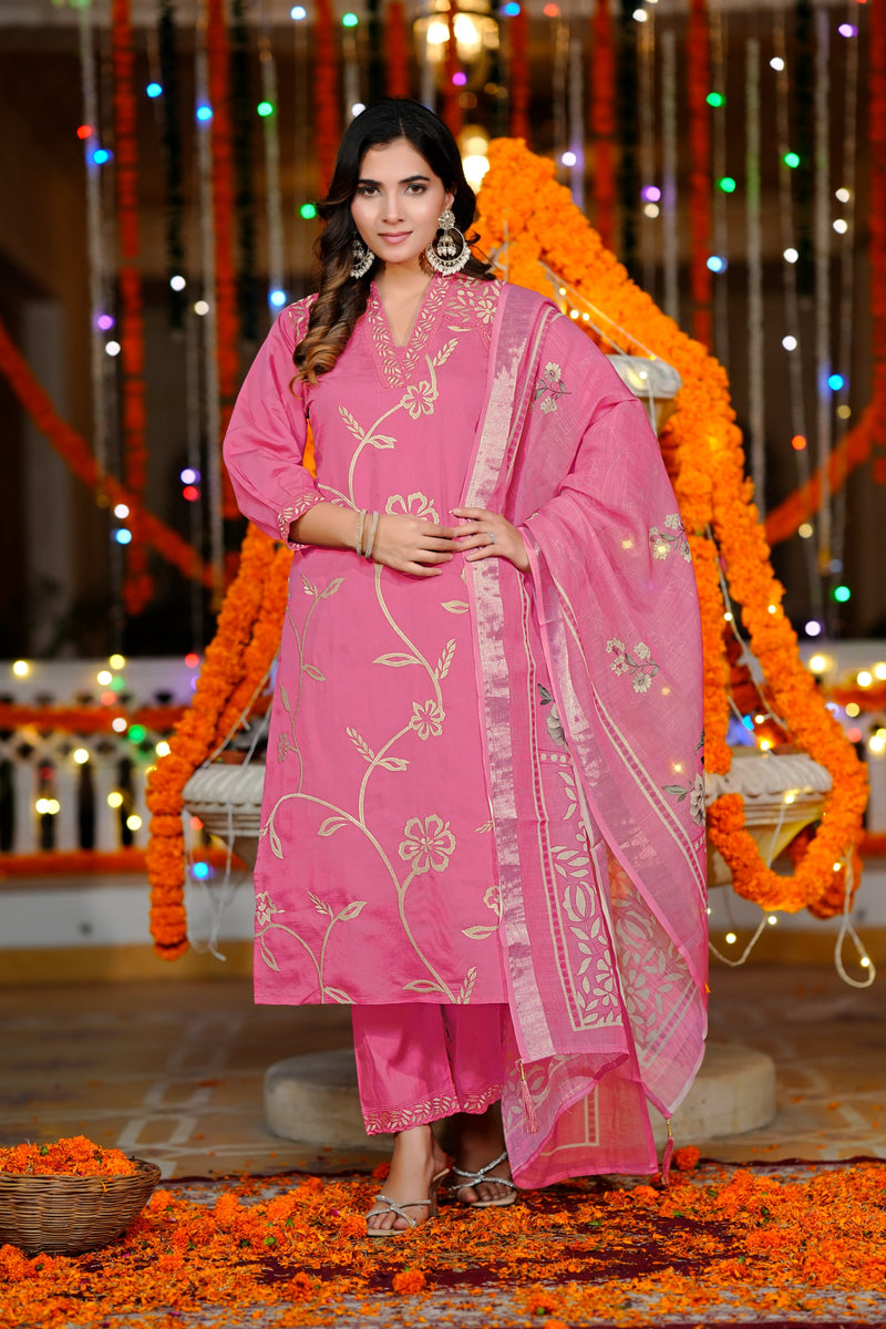 Pink Embroiderd Cotton Blend Salwar Kameez Dupatta Set
