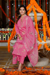Pink Embroiderd Cotton Blend Salwar Kameez Dupatta Set