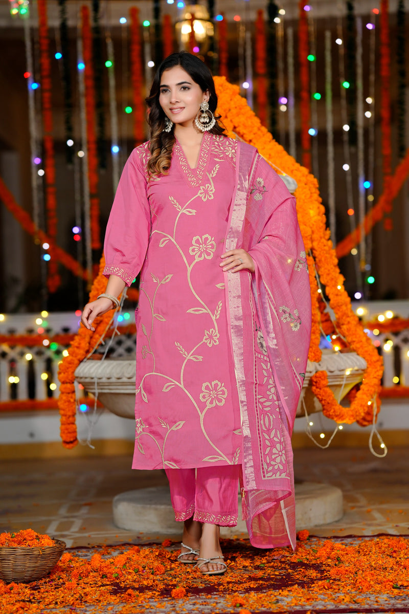 Pink Embroiderd Cotton Blend Salwar Kameez Dupatta Set