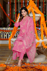 Pink Embroiderd Cotton Blend Salwar Kameez Dupatta Set