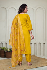 Yellow Chikankari Kantha Work Kurta With Pant & Duppta