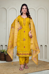 Yellow Chikankari Kantha Work Kurta With Pant & Duppta